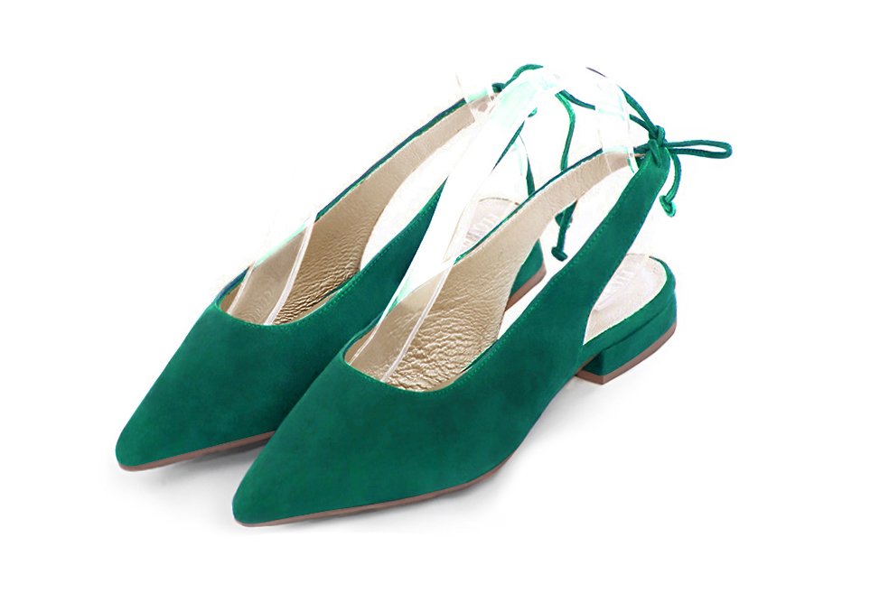 Women's emerald green elegant slingback heels. Pointed toe. Flat flare heels - Front view